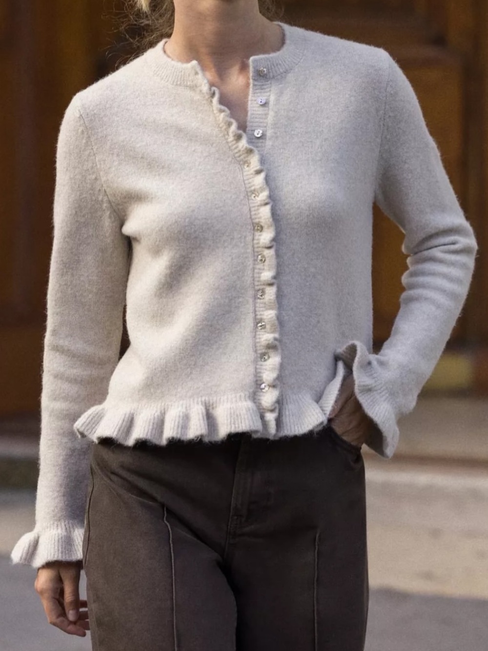Zara Beige Oatmeal Soft Knit Ruffle Trims Cardigan Size Medium Neutral Coquette